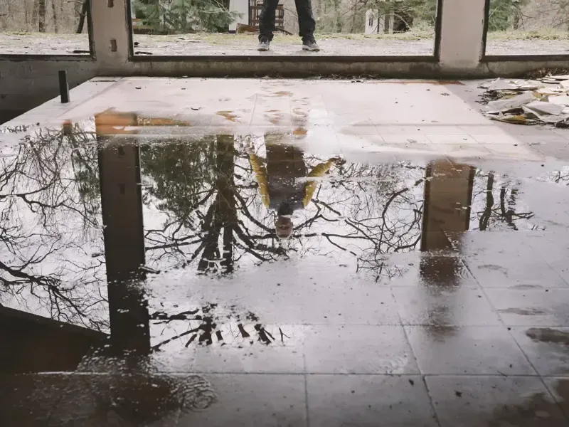 Standing water reflecting trees across a tiled lower-level floor