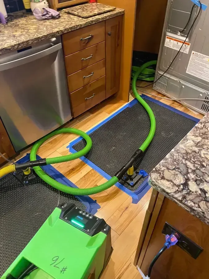 Extraction mat and hose drying hardwood in front of a kitchen dishwasher, appliance leak water damage