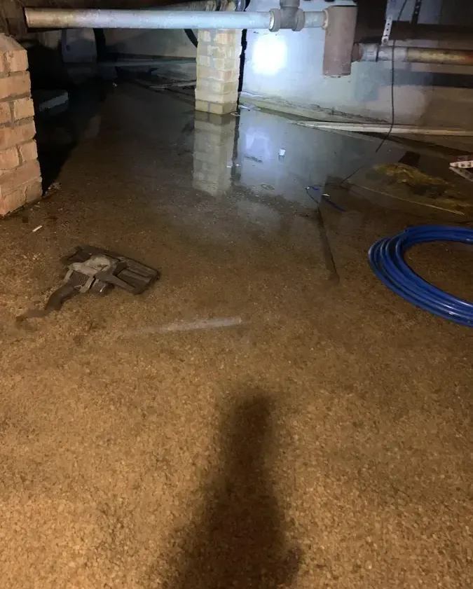 Standing water beneath exposed plumbing beside brick supports and a masonry wall