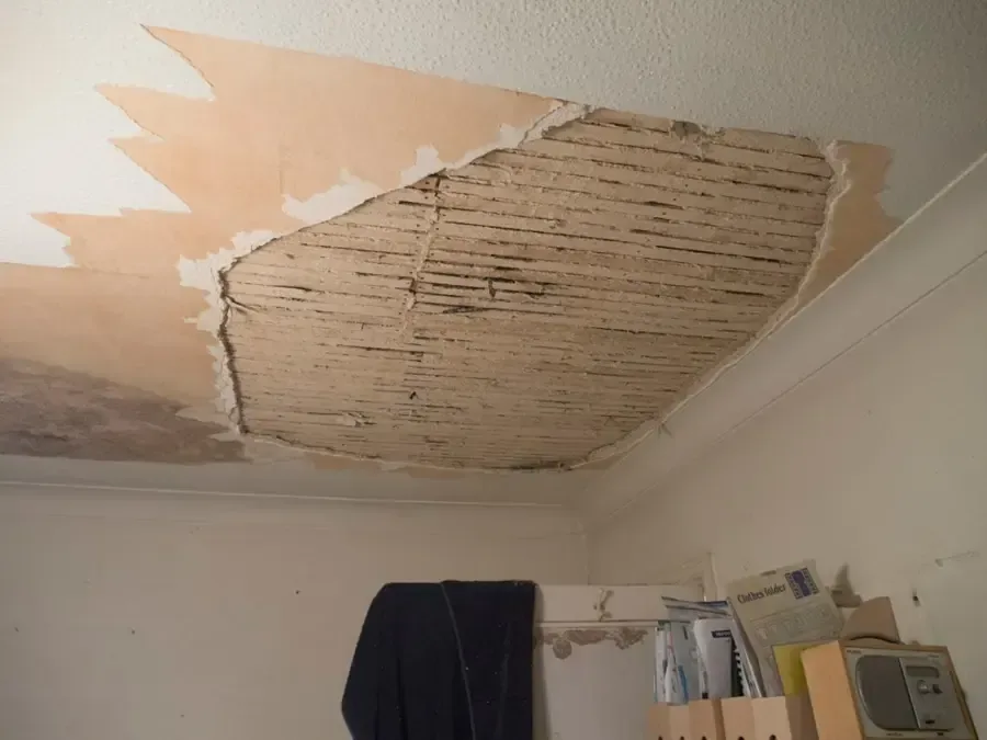 Ceiling plaster removed to expose timber lath after water damage