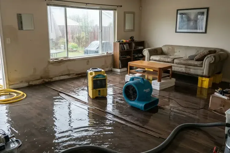 Extraction hose and an air mover set up in a flooded living room